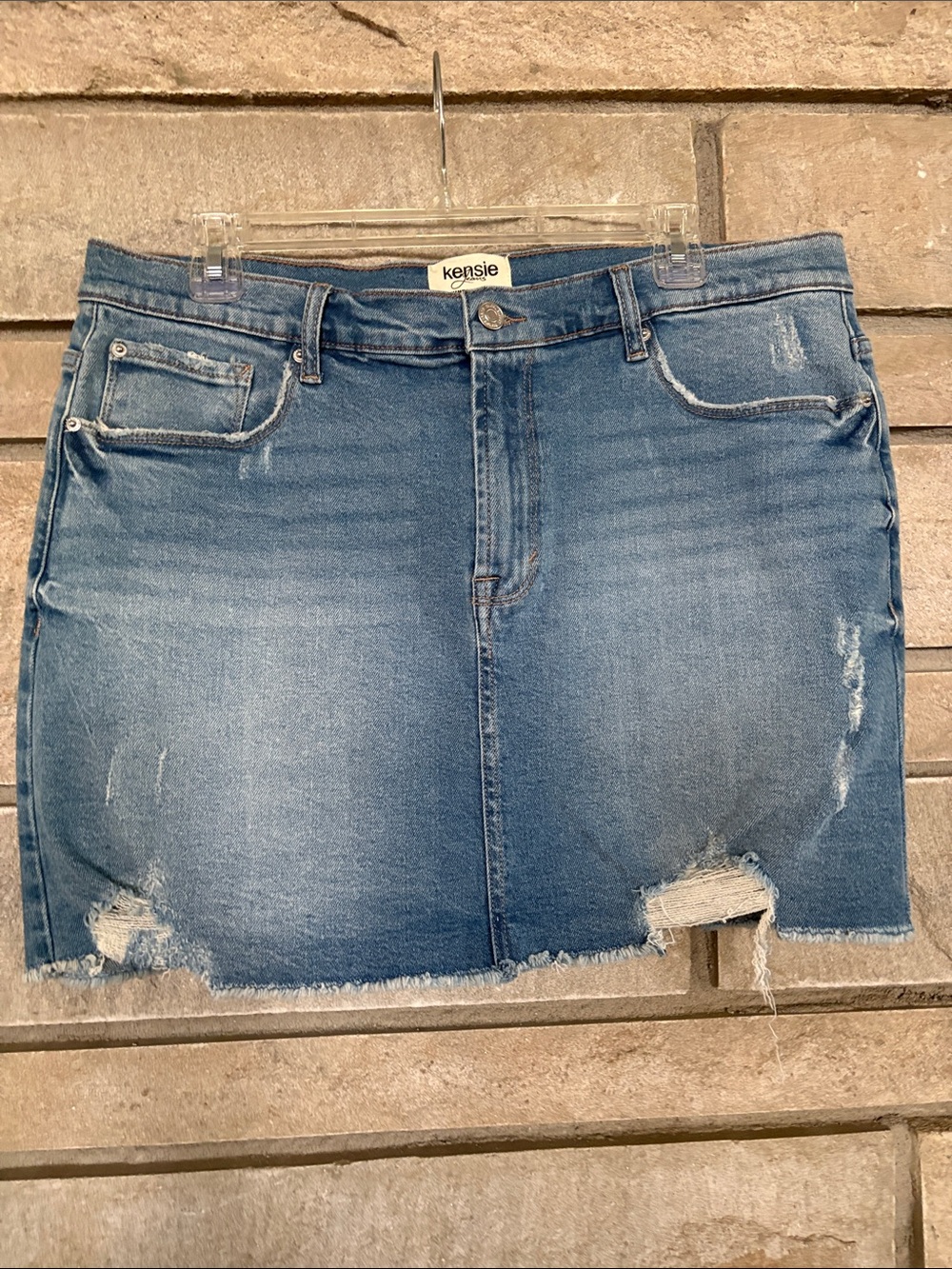 kensie Blue Distressed Denim Mini Skirt